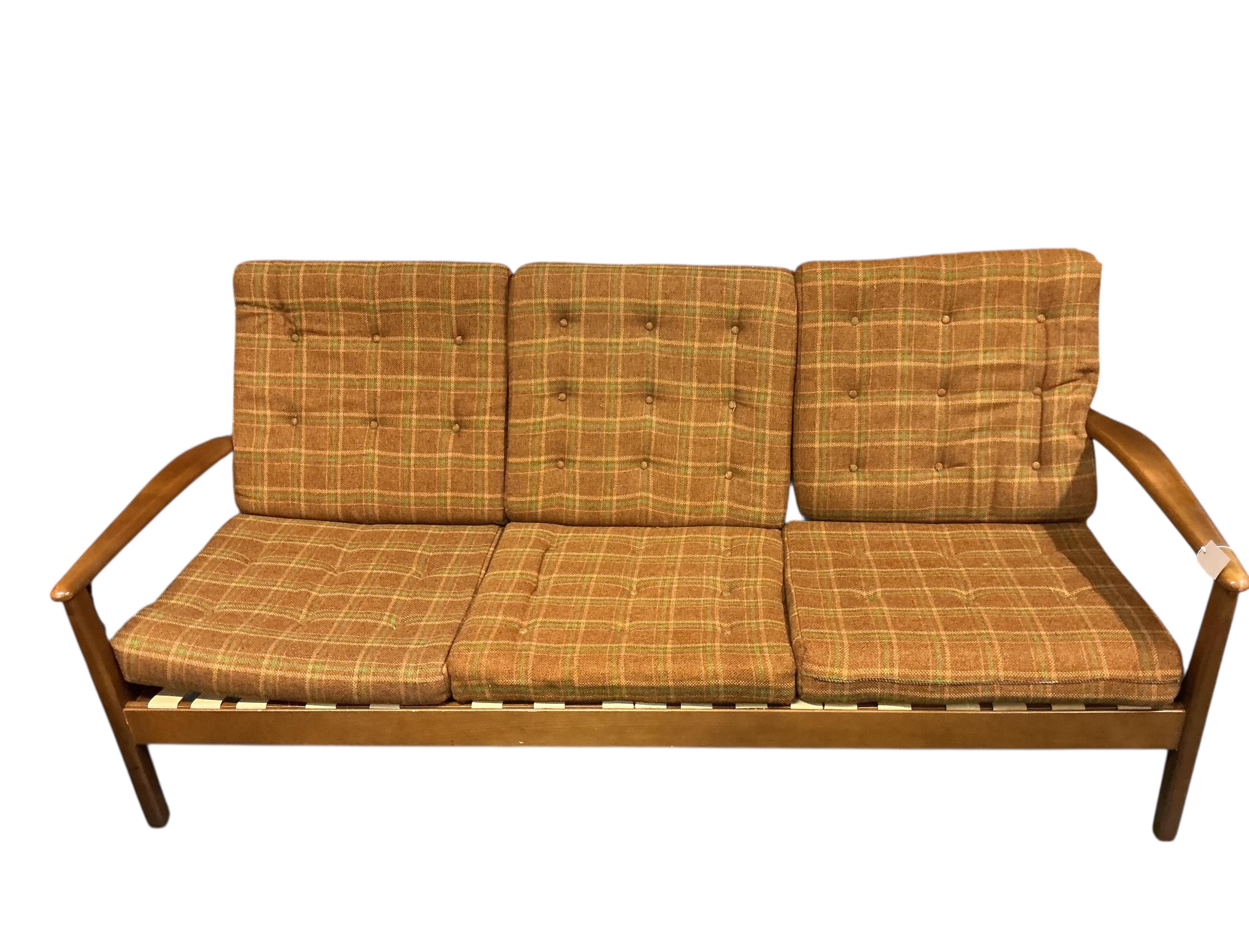 A mid century Cintique three piece lounge suite, settee 180cm, depth 74cm, height 75cm